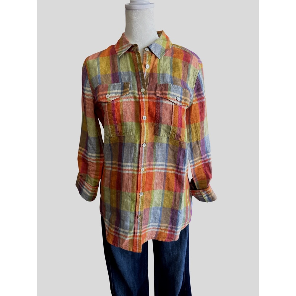 Orvis 100% Linen Plaid Roll Tab Button Up Shirt Size